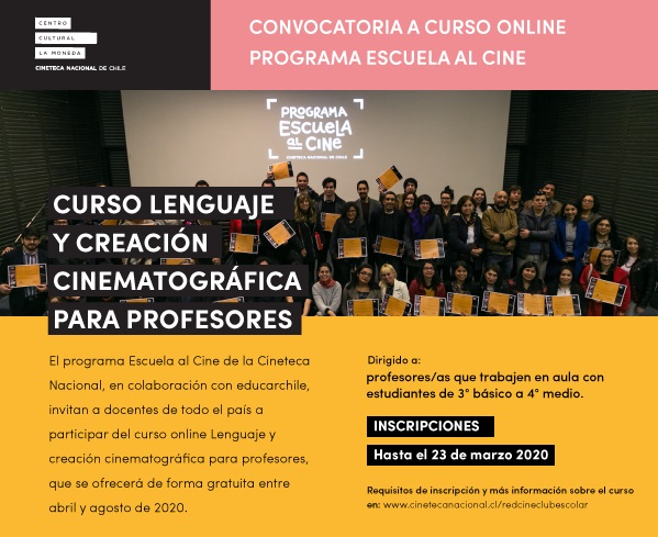 Afiche convocatoria curso online Programa Escuela al Cine