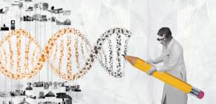 Imagen que muestra un científico con un lápiz gigante dibujando la doble élice de ADN.