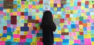 Imagen que muestra una pared repleta de post-it con ideas y una niña de espaldas mirando los pos it