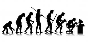 La imagen muestra una escala de evolución del ser humano, llegando al último a un hombre sentado en una computadora como resultado de la evolución