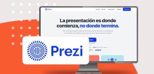 Logotipo de herramienta digital Prezi y pantallazo de su sitio web