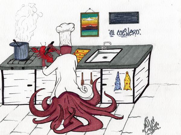 Ilustración de cocinero pulpo, preparando mariscos en una cocina.