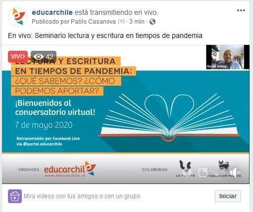 Webinar Lectura y Escritura en Tiempos de Pandemia transmitido por Facebook Live