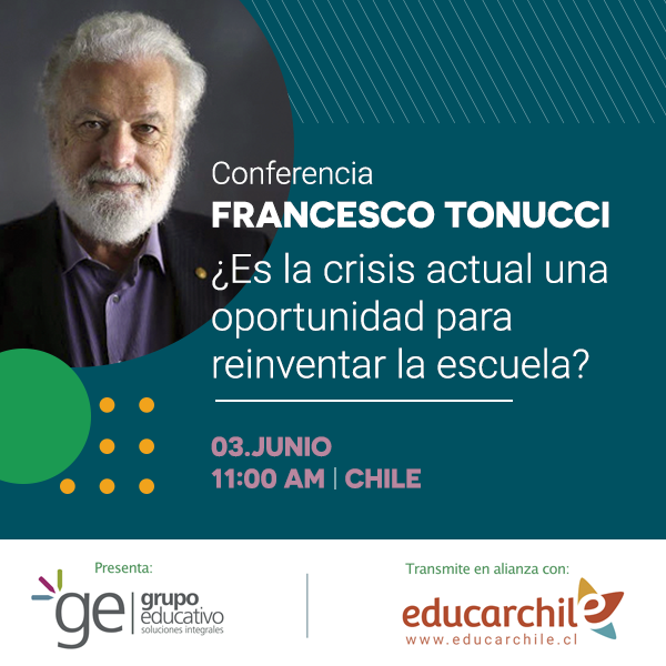 Afiche promocional conferencia virtual Francesco Tonucci