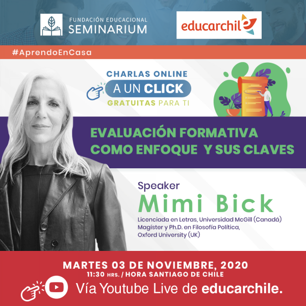 Afiche de charla evaluación formativa con Mimi Bick