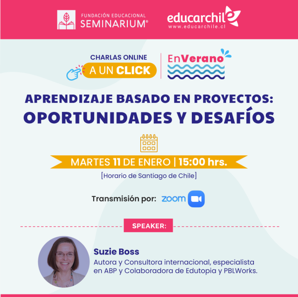 Afiche de charla a un clic en verano con la expositora Suzie Boss