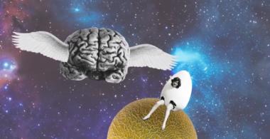 Ilustración que muestra a un cerebro con alas volando en el espacio. 