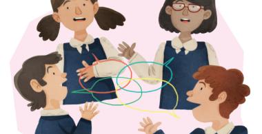 Ilustración de escolares discutiendo y conversando.