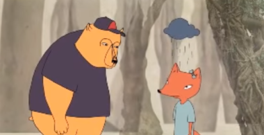 Animación que muestra a un oso conversando con un zorro, el zorro tiene sobre él una nube negra. El oso le mira amablemente.